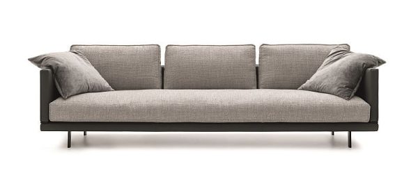 The Epoque Fashion Sofa by Stefani Spessotto for Ditre Italia exudes refinement and is inpired by Italian Rationalism. Shown here is light grey upholstery fabric and slate grey leather structure - Front View