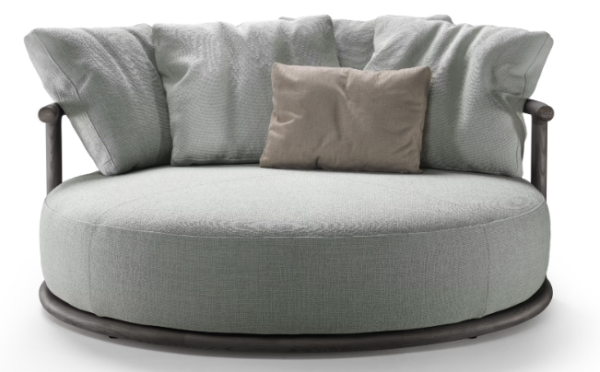 Flexform Round Icaro Luxury Sofa with Timber Backrest and Arms - Front View