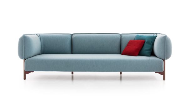 The playful, yet elegant Tender Sofa designed by Patricia Urquiola for Moroso in bold light blue - Front View