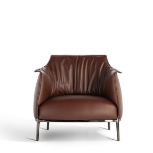 The Archibald armchair, designed by Jean-Marie Massaud for Poltrona Frau, has a silhouette that evokes the delicate grace of a tulip, inviting one to sink into its welcoming embrace. The brown leather upholstery, with its subtle wave-like texture created by vertical pleats, is further adorned with contrasting stitching along the edges. - Front VIew