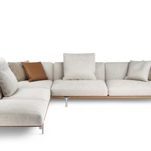 Classic Poltrona Frau Let It Be Sofa with Grey Fabric, metal wrap base detail and metal leg - Front View