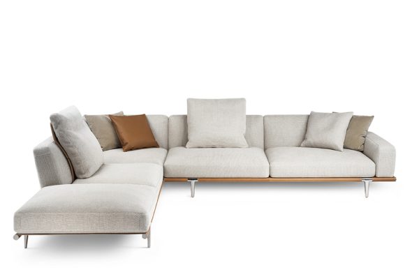 Classic Poltrona Frau Let It Be Sofa with Grey Fabric, metal wrap base detail and metal leg - Front View